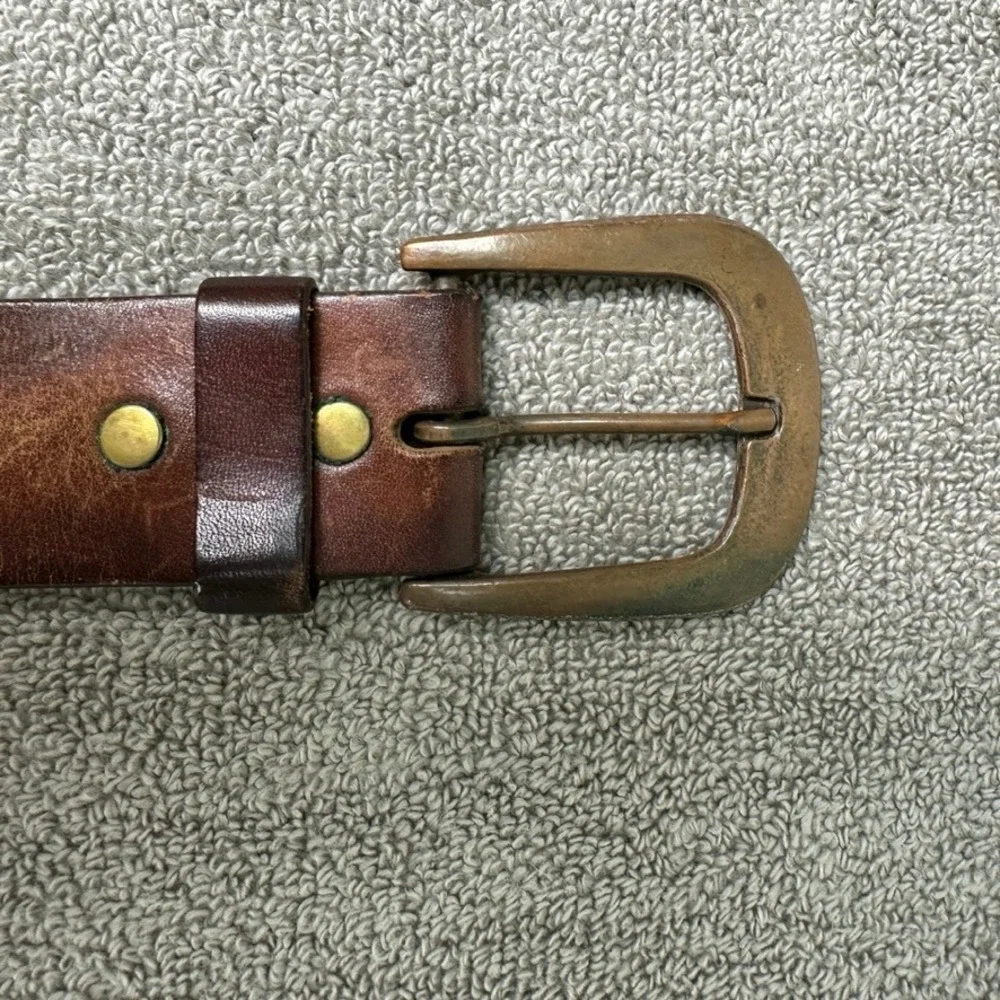 Vintage Distressed Brown Leather Belt Brass Horseshoe Buckle Mens 1.5 Inch Wide